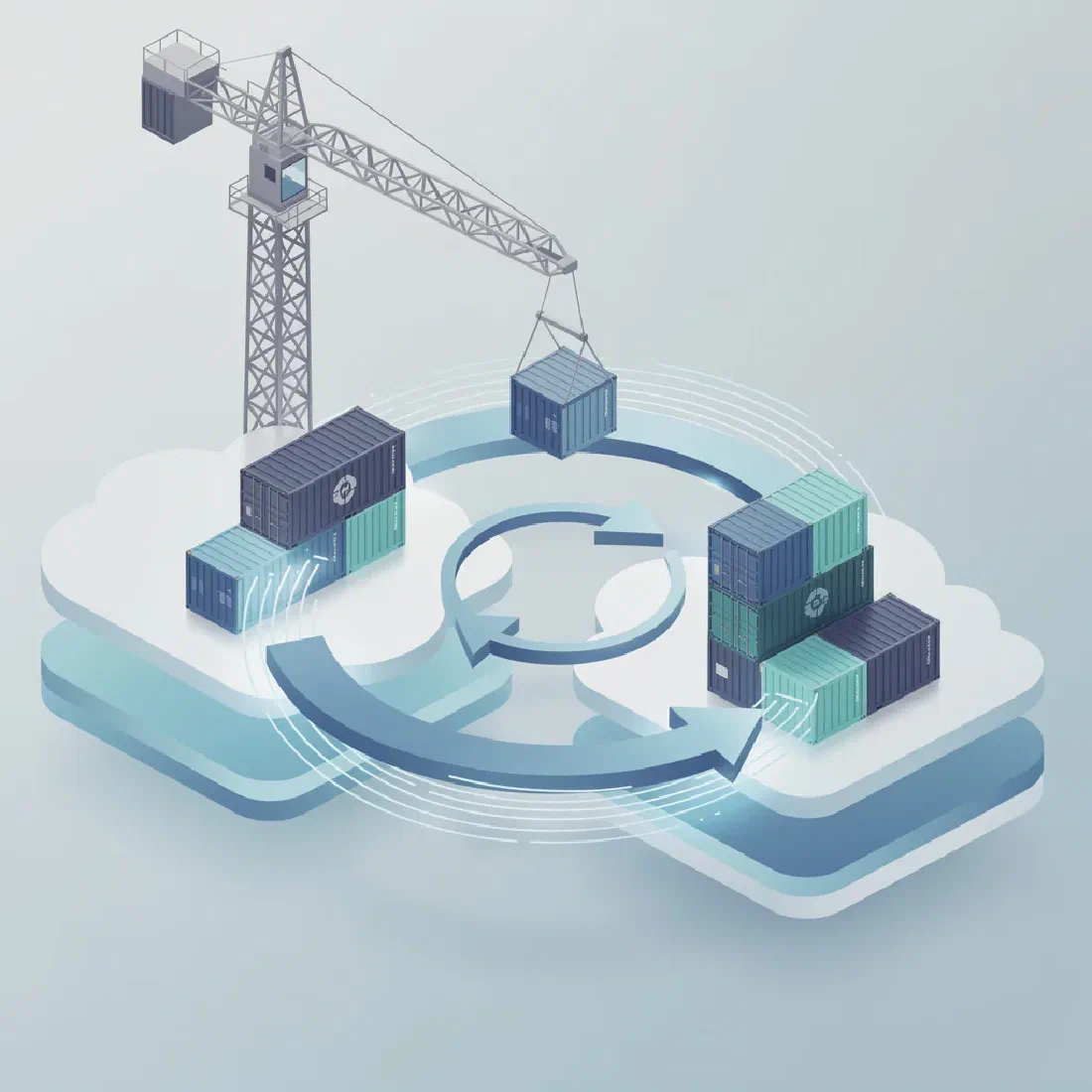Isometrische illustratie van containers die met een kraan van de ene cloud naar de andere worden verplaatst, verbonden door datalijnen.