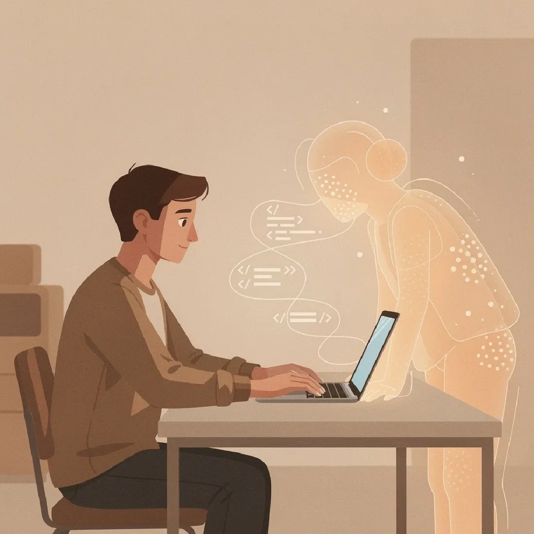 Illustratie van een ontwikkelaar achter een laptop met naast zich een abstracte, lichtgevende figuur als ontwikkelpartner, samen kijkend naar het scherm.